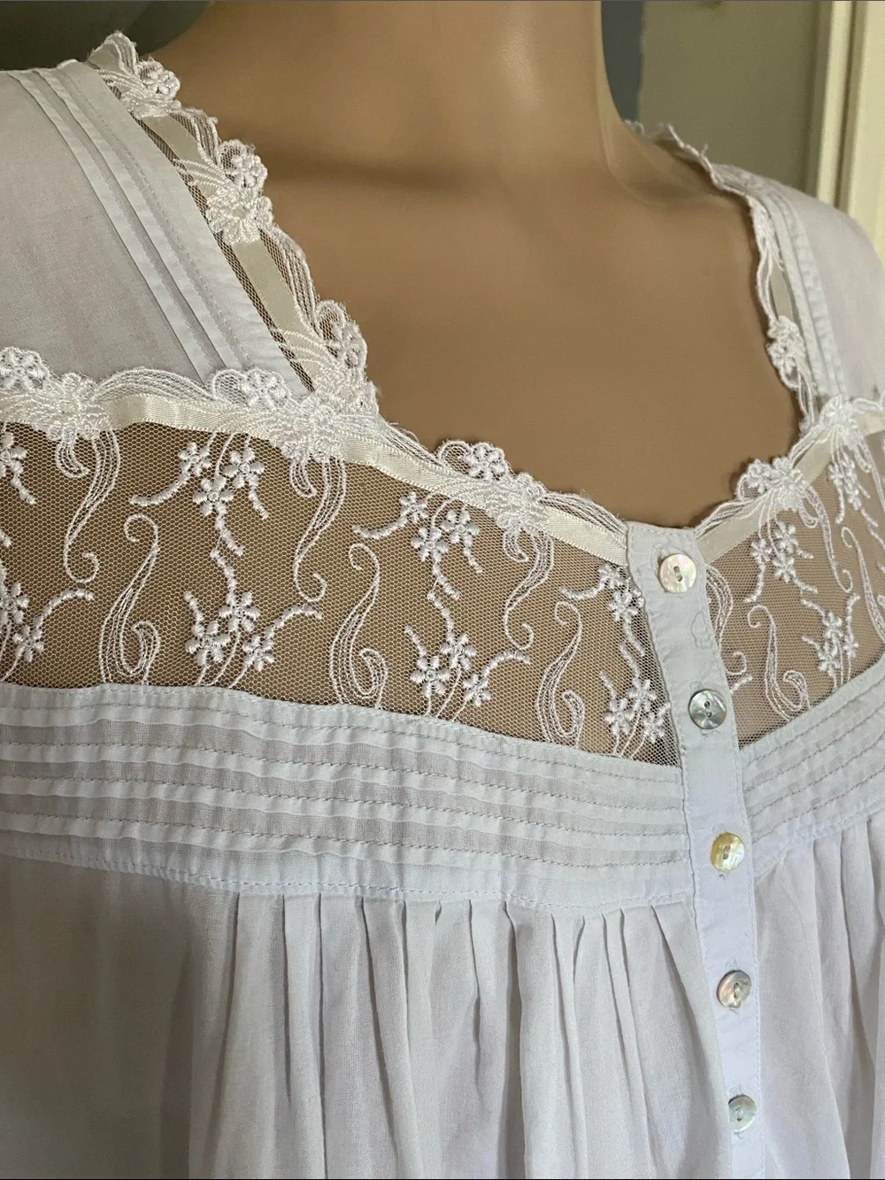 Eileen West  Lace Yoke Button-Front Nightgown
